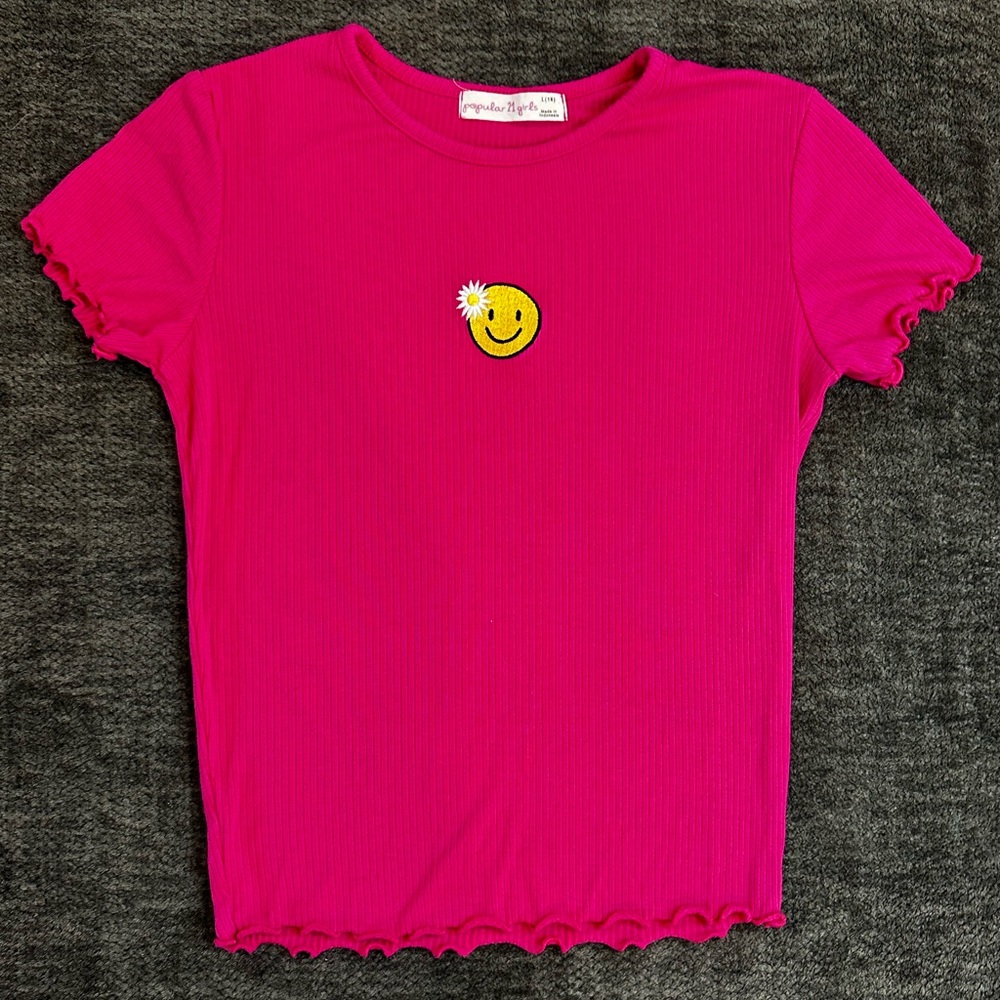 Girls' Hot Pink Ribbed Tee with Daisy Smile Patch Popular 21 Girls